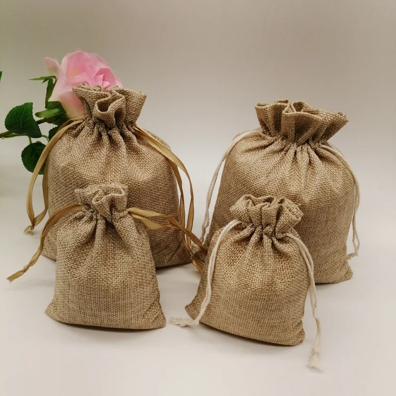 Bolsa de arpillera de lino Natural, bolsa de regalo de yute, bolsas de regalo con cordón, embalaje de regalo con asas, bolsas de dulces de recuerdo de fiesta, 5-20 piezas por lote