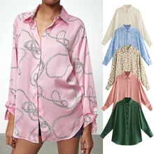 

Women Shirt Long Sleeve Satin Blouse Tops 2022 Button Up Office Lady Vintage Simply Print Chic Loose Shirt Fashion Woman Clothes