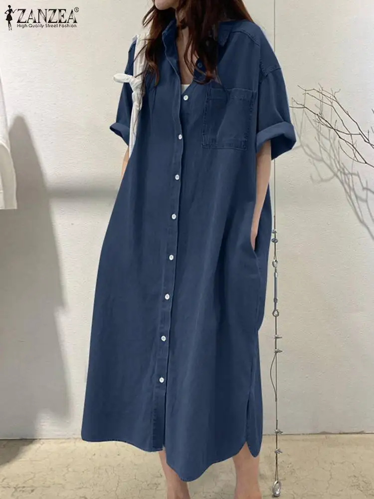 

ZANZEA Vintage Denim Dress Woman Short Sleeve Lapel Neck Shirtdress Fashion Solid Sundress Elegant Work OL Vestidos Oversized