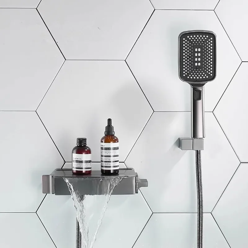 Description Picture 2 of itemGray Bathtub Shower Set Wall Mounted Black Bathtub Faucet, Bathroom Cold and Hot White Bath and Mixer Taps Brass