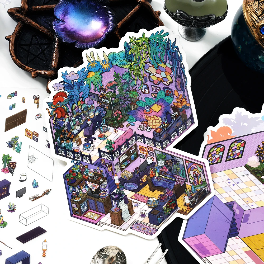 3장/봉지 판타지 하우스 미니어처 장면 스티커 PET+화이트 카드 2.5D 스트레스 해소 게임 스티커 DIY 공예, 생일 선물용
