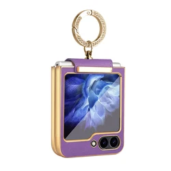 Vietao Gold Electroplated Leather Phone Case with Finger Ring - Samsung Z Flip 4 (Purple)