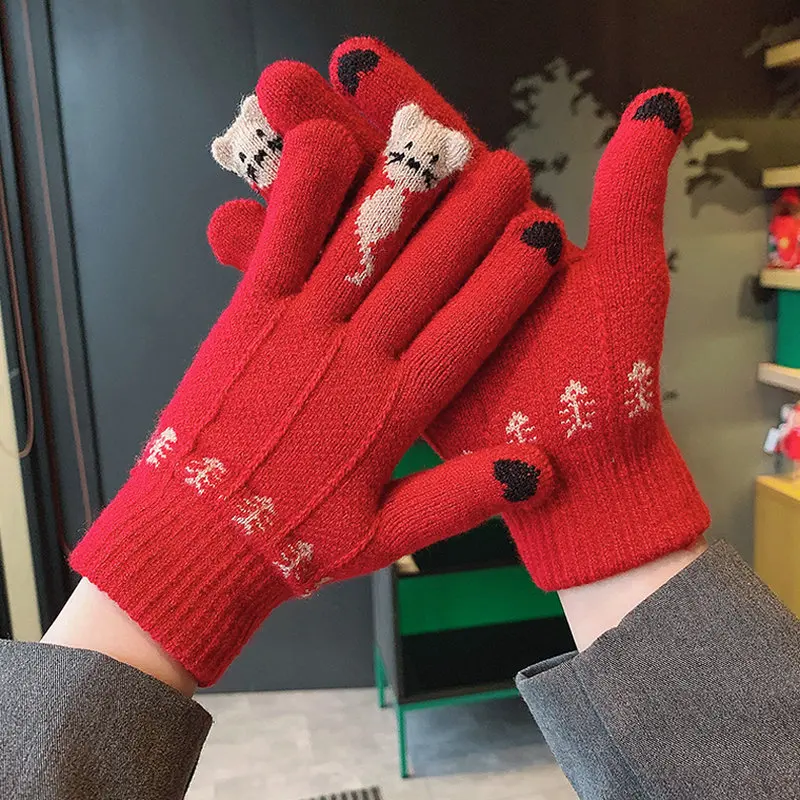 Fashion Women Knitted Gloves Screen Mittens Cute Full Finger Thicken Warm Soft Elastic Cartoon Cats Keep Finger Gloves