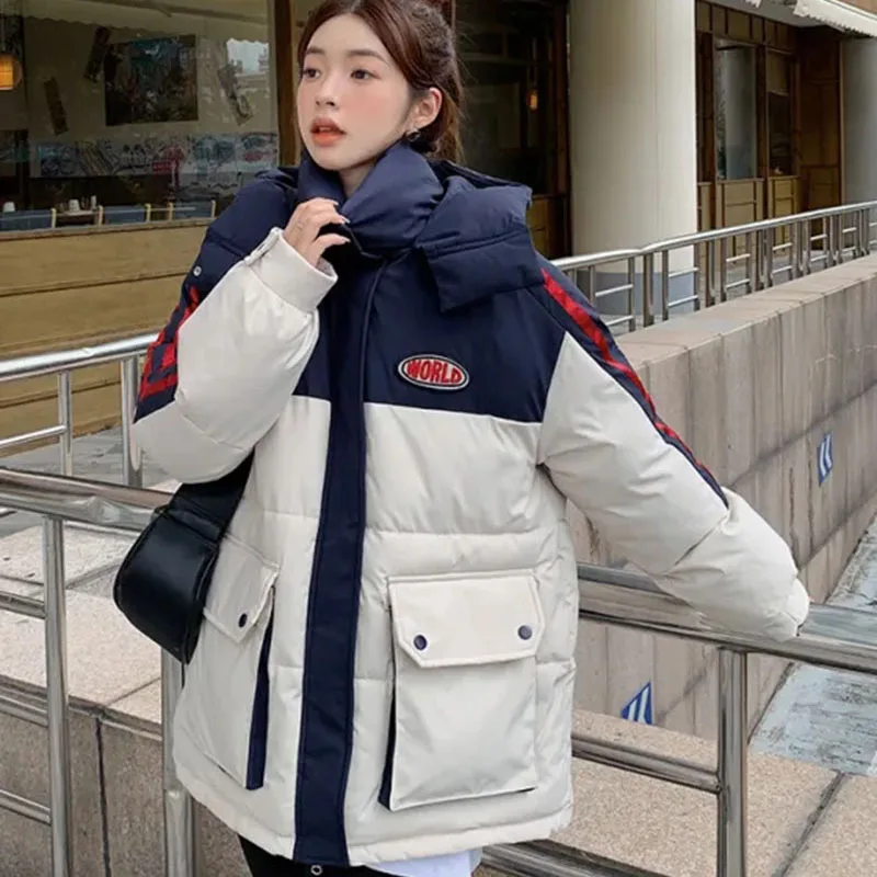 숏다운패딩 Women’s Oversize Turtleneck Hooded Down Cotton Jacket: Thick, Warm Outwear with Patchwork, Zipper, Padded Winter Parkas Tops