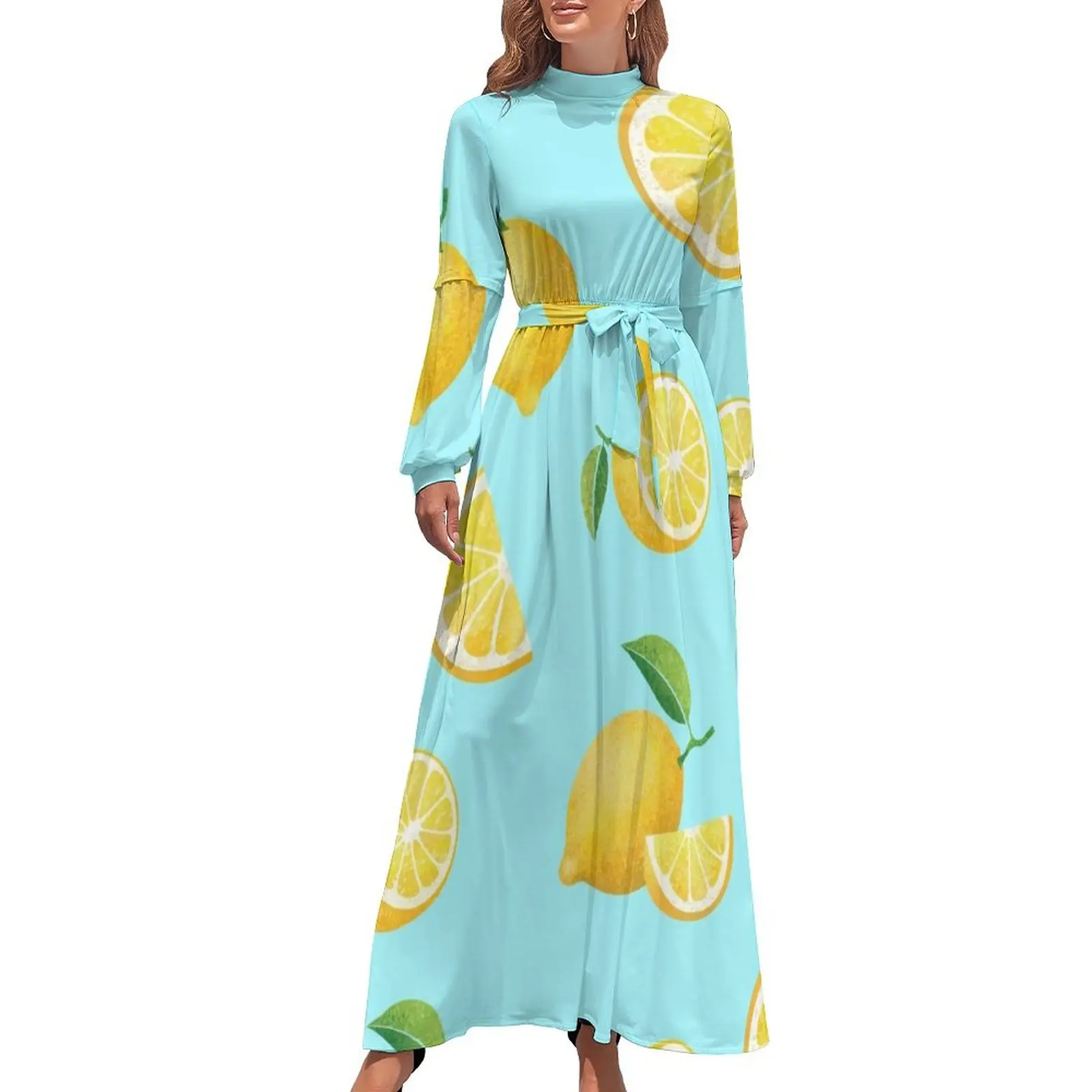 thumbnail image 1 of Vestido largo limones sobre azul Vestidos de verano para mujer Vestidos de fiesta para mujer Vestido largo para mujer Vestido de noche para mujer, 1 of 5