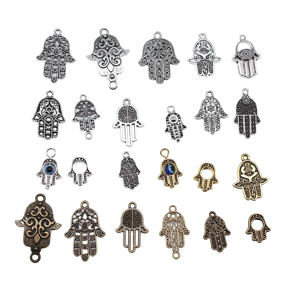 10pcs 파티마 핸드 Hamsa 팜 보호 티베트어 청동 실버 컬러 펜던트 골동품 만들기 DIY 수제 공예