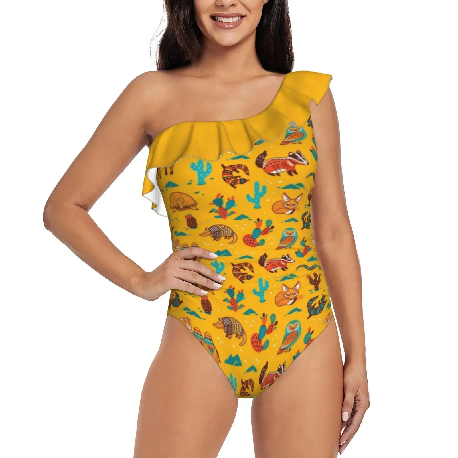 

Desert Animals One Shoulder Ruffle Swimsuits Sexy One Piece Swimsuit Women Swimwear Monokini Seamless Pattern Background