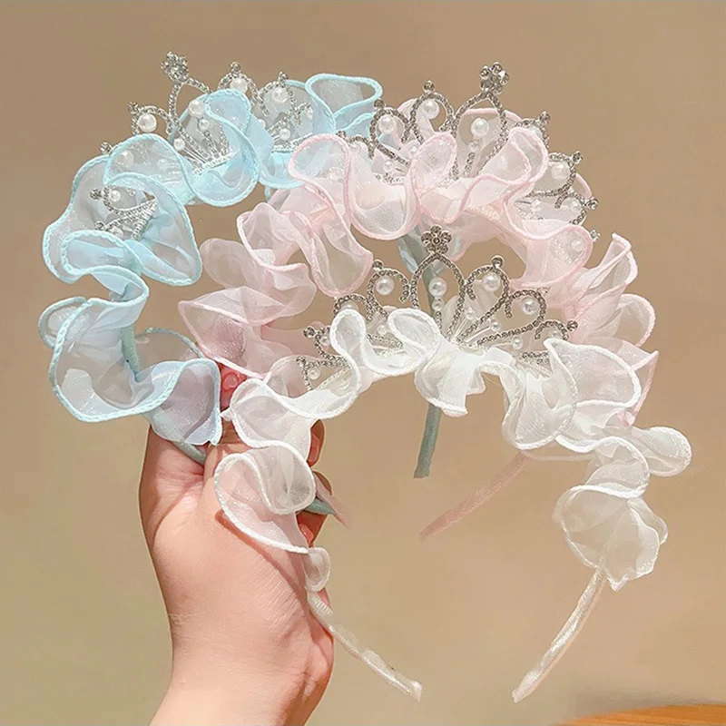 Cute Baby Kids Princess Rhinestone Headband for Girl Mesh Pearl Crown Hair Hoop Children Birthday Party Hair Styling Headwear