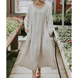 Cotton Linen Round Neck Loose Waist A-line Autumn Female Vintage Solid Color Pleated Pocket Long Sleeve Middle Length Dresses