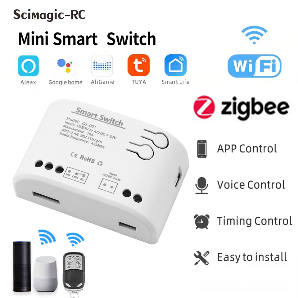 Modulo interruttore intelligente WLAN, interruttore WLAN 10A Tuya Smart Life interruttore WiFi wireless modulo interruttore luce funziona relè wireless con Alexa, Google Assistant fai da te da incasso
