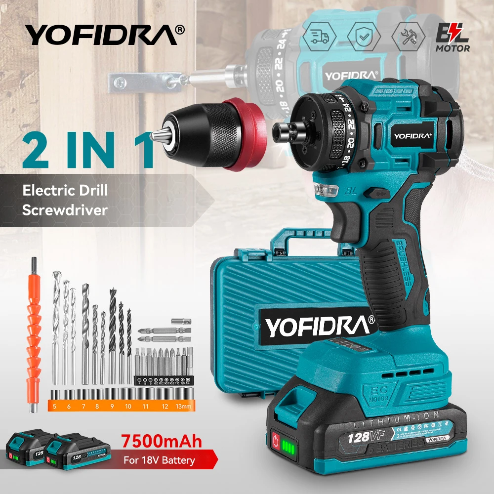 YOFIDRA Furadeira Elétrica 2 em 1 Parafusadeira Martelo Brushless Sem Fio Ferramenta Elétrica Multifuncional Compatível com Bateria Makita 18V Pin