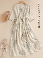 Dress Women Long Print Elegant Clothing Vintage Elastic Waist Korean Casual Beach Style V-Neck Fashion Robe Vestidos De Mujer