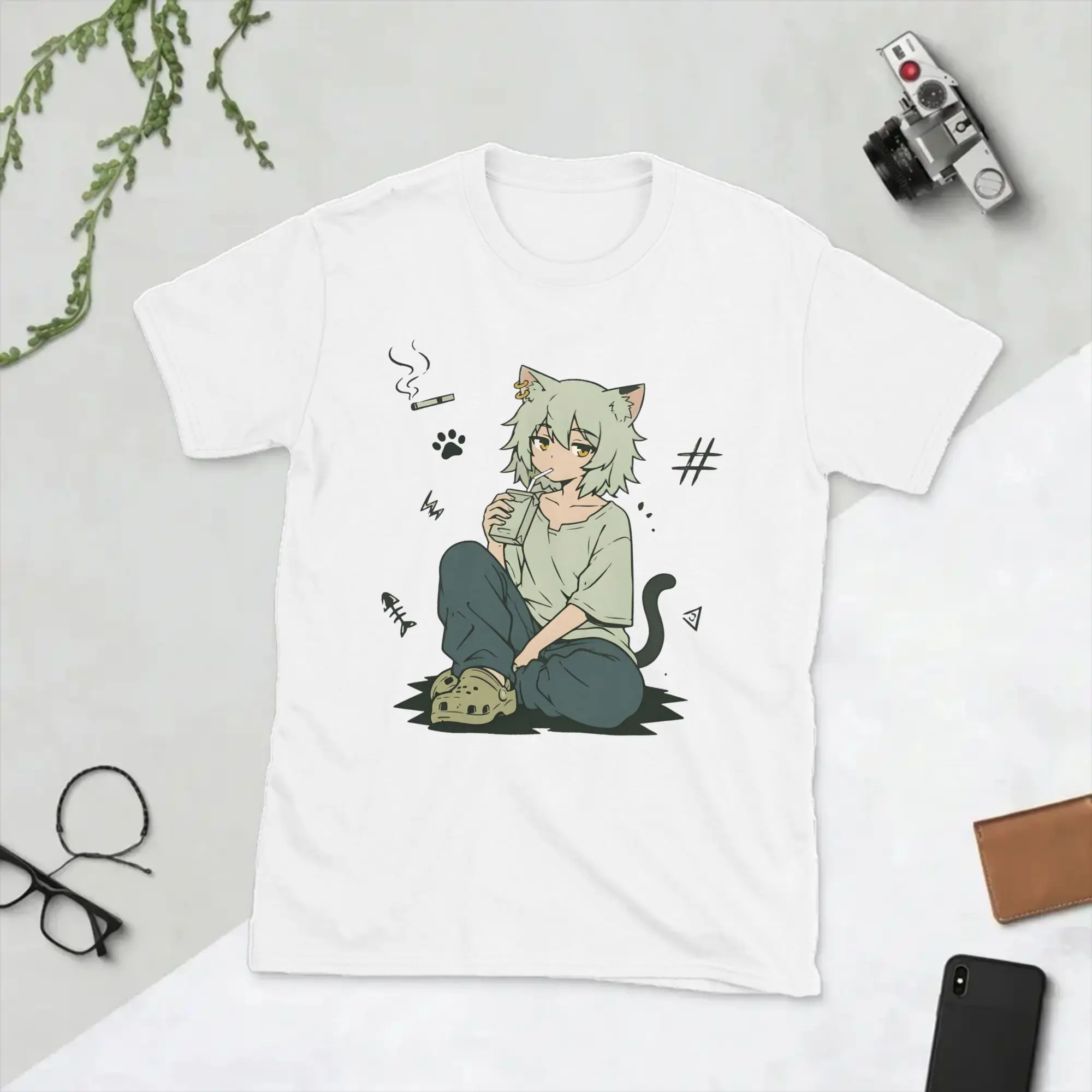 Men Chainsmoker Cat Yani Neko Anime T-Shirts 100% Baumwolle Tops Humor Kurzarm Rundhals T-Shirt Neuankömmling T-Shirts