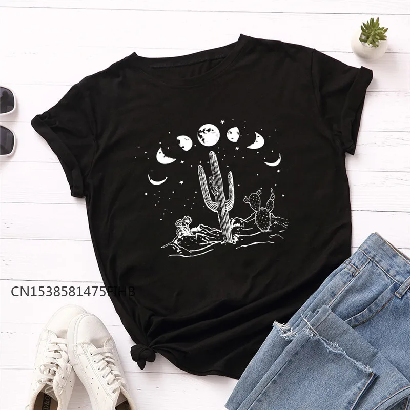 

New Moon Cactus Print T-Shirt Summer XS-4XL Soft PremiumT Shirt Women Shirts TShirt Crew Neck Short Sleeve Tees Pink Tops