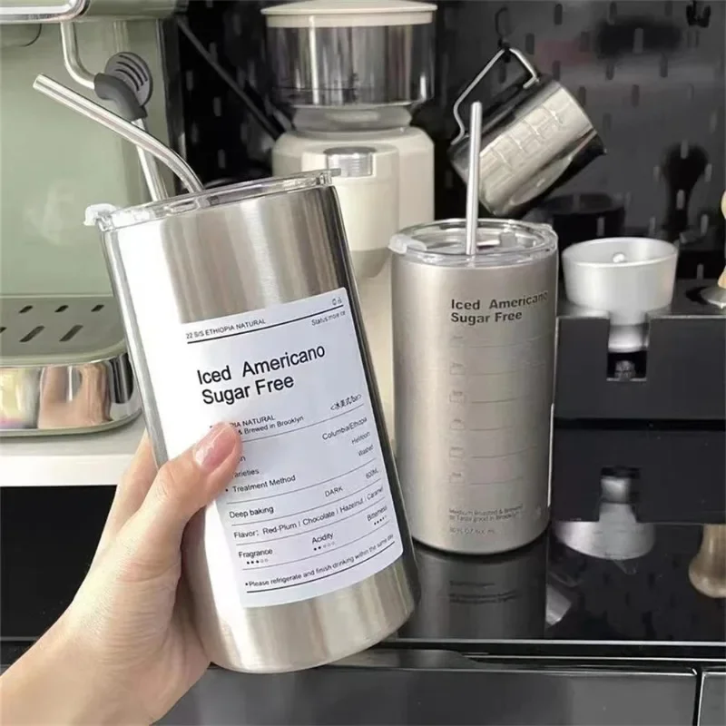 

Coffee Cup Thermos 304 Stainless Steel Double -layer Cooler Straw Cup Portable Reusable Ins Ice American Coffee Mug Water Bottle