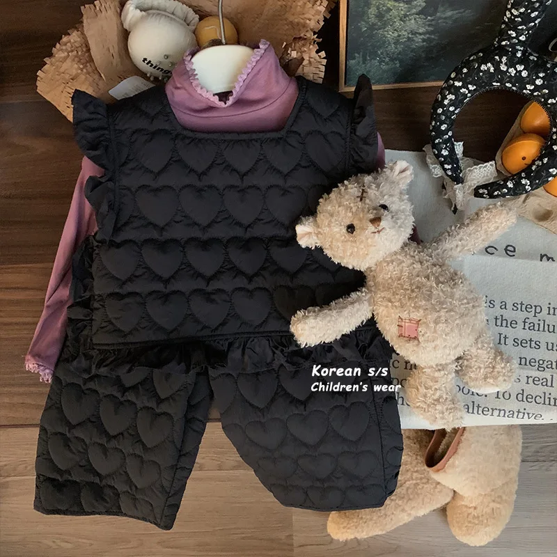

Girls' Winter New Children'S Korean-Style Quilted Flounced Sleeve Vest Cropped Pants 2-Piece Suit