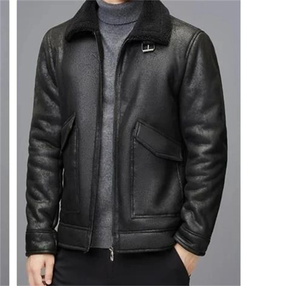 Description Picture 3 of itemJacket Plus Velvet Lapel Thick Warm Fashion 2024 Autumn Winter Men's Suede Boutique Imitation Leather Top Large Size PU Coats
