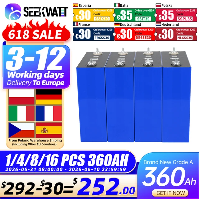 Cellules LiFePO4 prismatiques de qualité A 3,2 V 360 Ah, plus de 10 000 cycles, pour stockage d'énergie domestique DIY 12 V 24 V 48 V, camping-car, bateau, stock local UE, livraison rapide 1