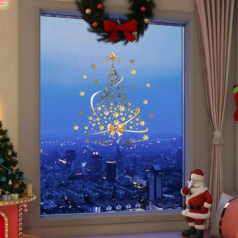 Wall Window Stickers Self Adhesive Vinyl Glow in the Dark Christmas Decoration Window Stickers Gold Xmas Tree Merry Christmas Mirror Sticker New Year