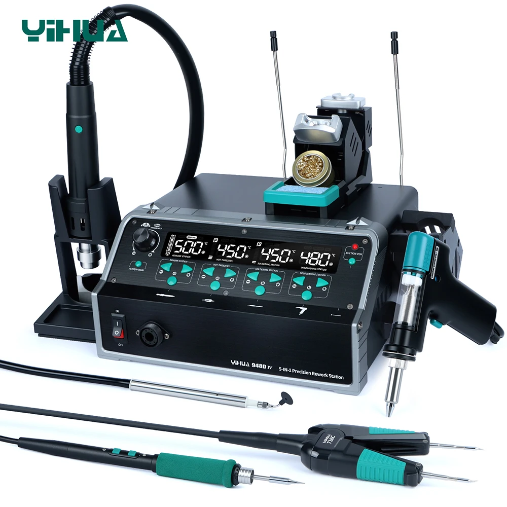 YIHUA 948D-IV 1410W 납땜 스테이션 5 in 1 티저 납땜 인두 열풍기 틴 흡입 펜 납땜 제거 도구