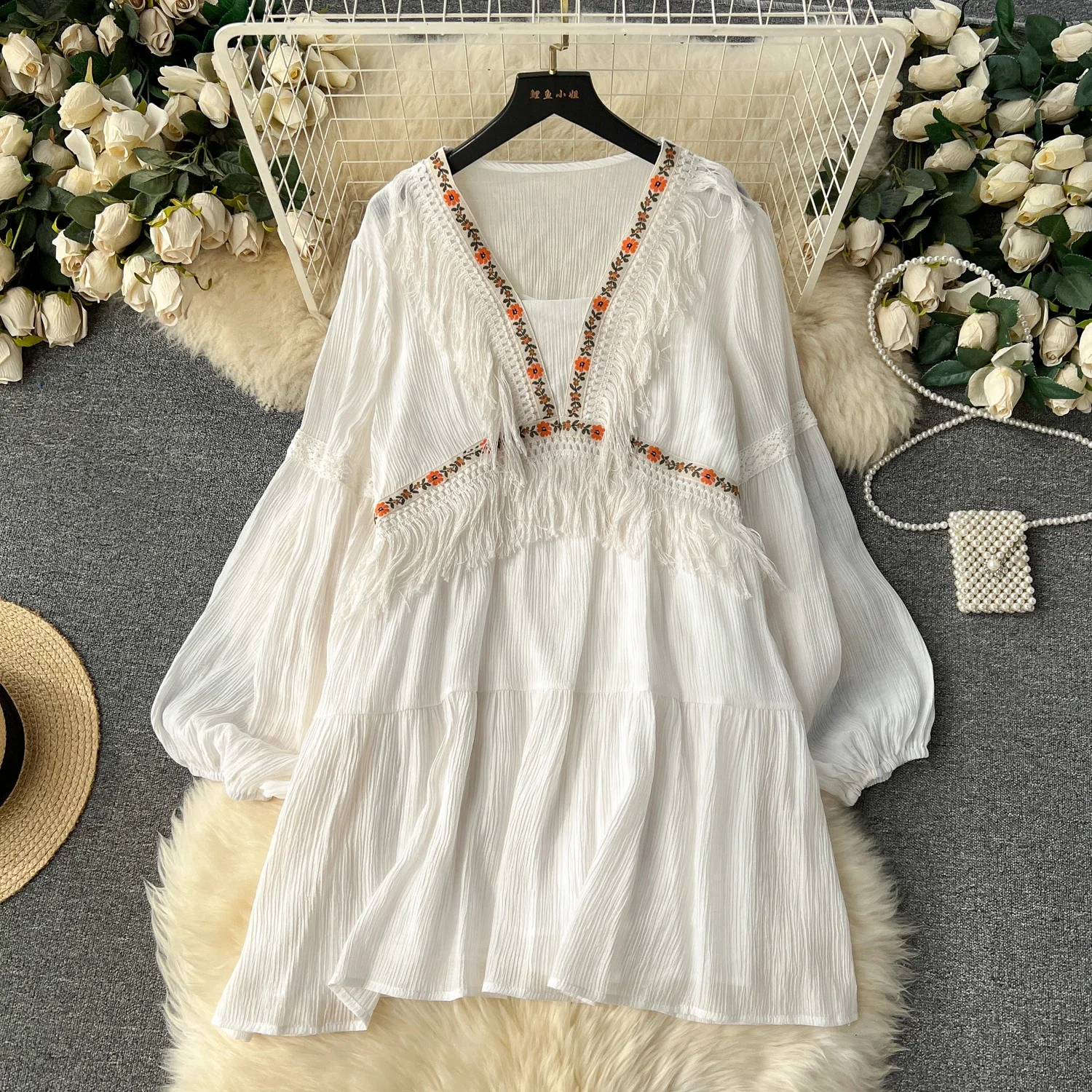 

Retro Elegant Embroidery Tassels V Neck Chiffon Dress A-line Long Sleeve Casual High Waist Dress Women Summer