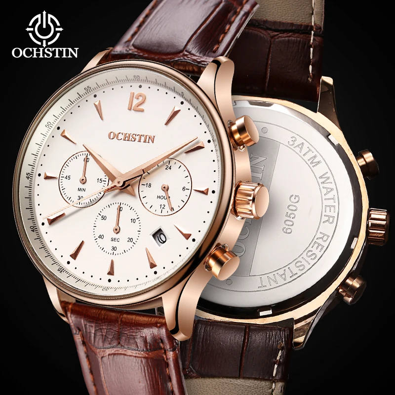 Ochstin Prominente Series Multifunction Quartz Movement Leather Strap Business Luxury Mens Quartz Clock militado men s watch small seconds vintage field quartz 36mm 100m retro wristwatches clock relojes ochstin new 2023