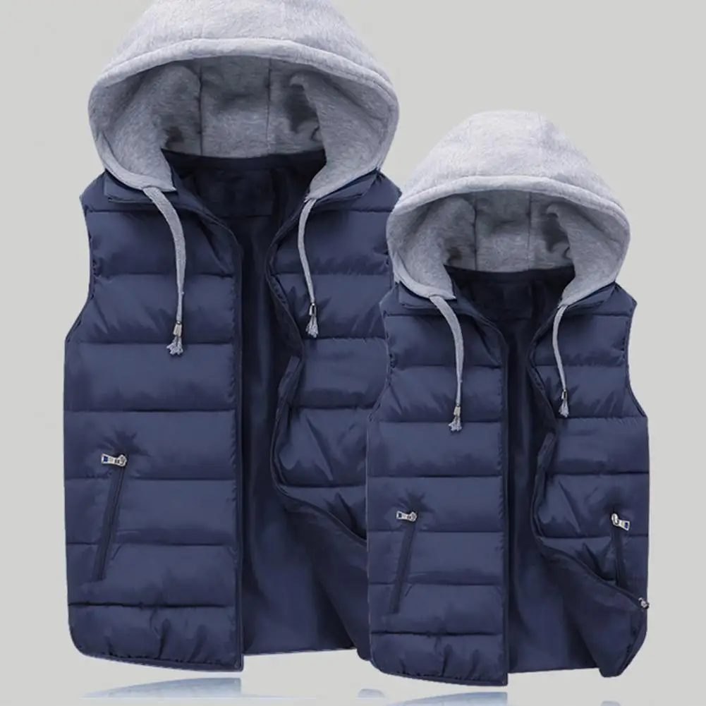 

Men Autumn Winter Warm Vest with Hood Zipper Closure Waterproof Cold Prevention Sleeveless Casual Jacket Vest