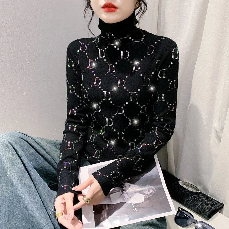 2023 한국 의류 니트 스웨터, 시크 섹시 여성 다이아몬드 레터, 핫 드릴링, 긴 소매 풀오버 상의, 39323, 가을, 겨울, 신상