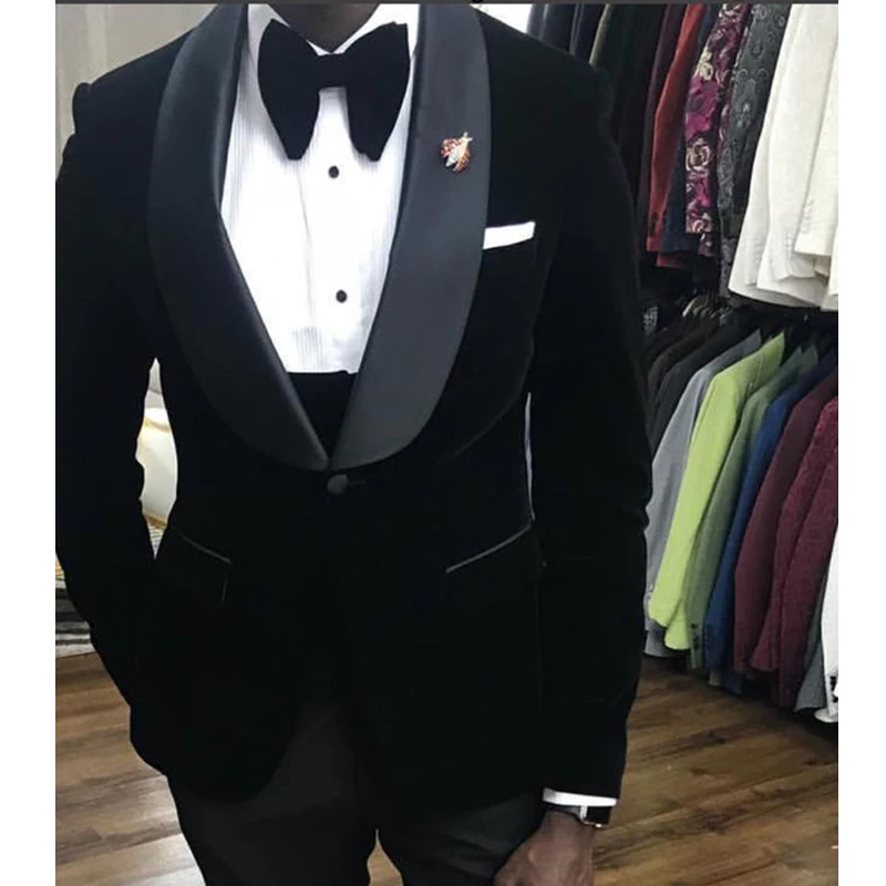 Black Velvet Wedding Tuxedo 3 Piece African Men Suits For Winter Prom Slim Fit Male Fashion Costume Jacket Waistcoat With Pants