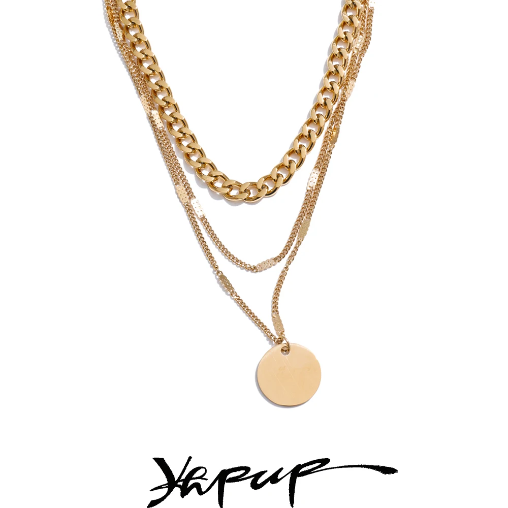 Yhpup Stainless Steel Layered Cuban Chain Pendant Necklace