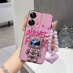 Floral Fan Phone Case Set with Beaded Lanyard & Stand (3 Pieces) for Realme P1 Pro (PURPLE)