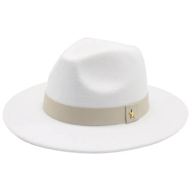 Fedora Hat Women Winter Hats for Women Ribbon Band Men's Hat Wide Brim Classic Beige Wedding Church Bowler New Cap chapeau femme White with star