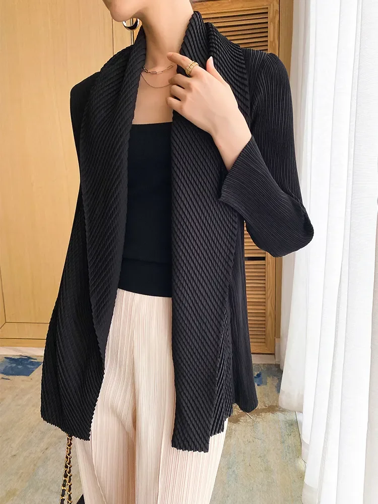 

ALSEY Miyake Pleated Jackets Women's Autumn 2023 New Loose Stitch Simple Turn-down Streetwear Collar Korean Fashion Short Coats