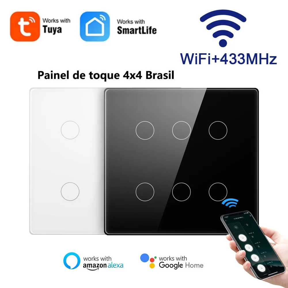 

Tuya WiFi Smart Switch Brazil 4X4 Touch Panel 4/6 Gang Wall Light Switch with RF433 Function APP Control For Alexa Google Home