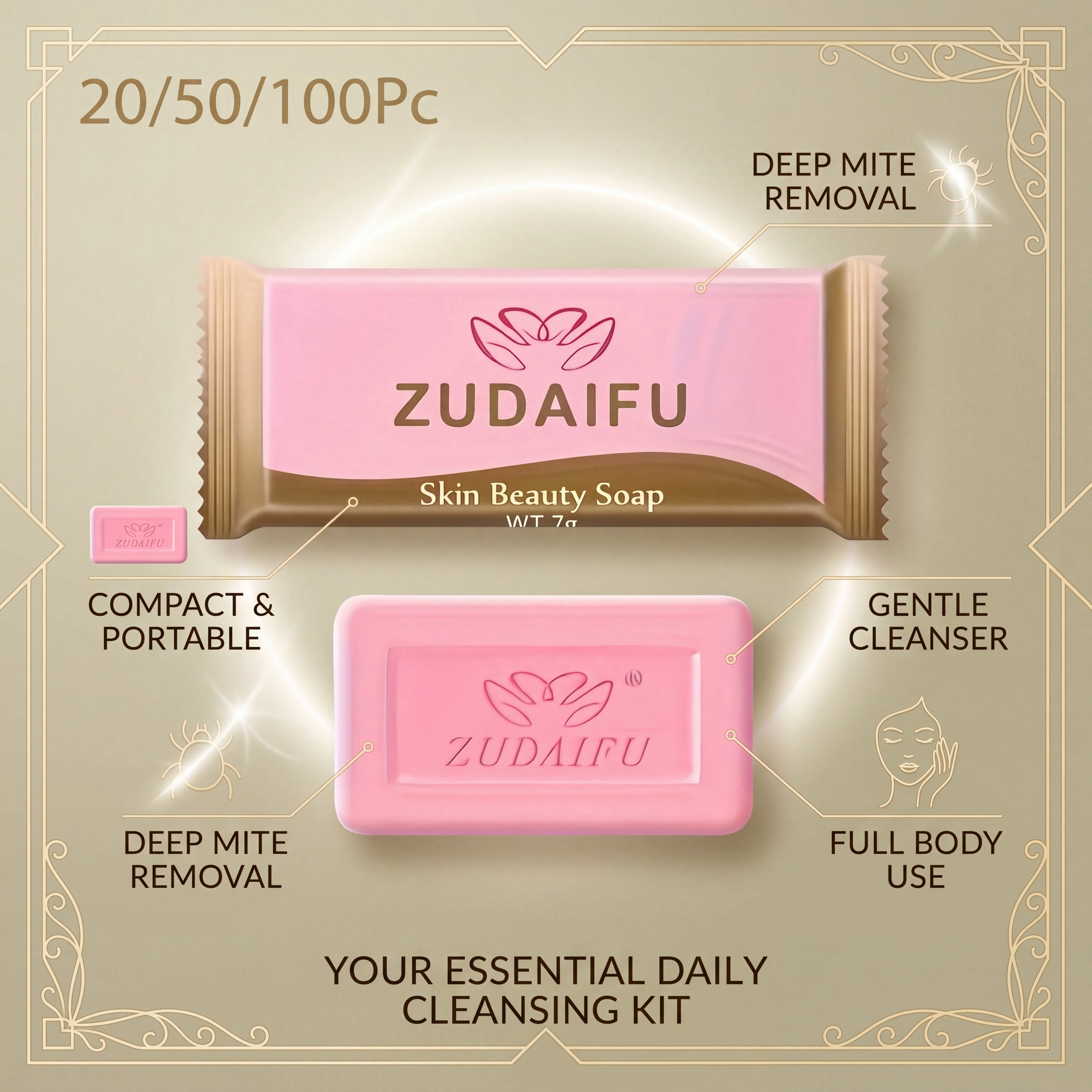 Savon au soufre mini 7g ZUDAIFU, anti-acariens et régulateur de sébum, format voyage, pour tous types de peau (20/50/100 pièces) 1