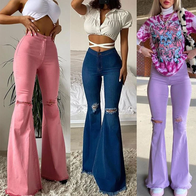 Womens Skinny Ripped Hole Bell Bottom Jeans High Waisted Colorful Flared  Pants Butt Lift Denim Trousers with Pockets