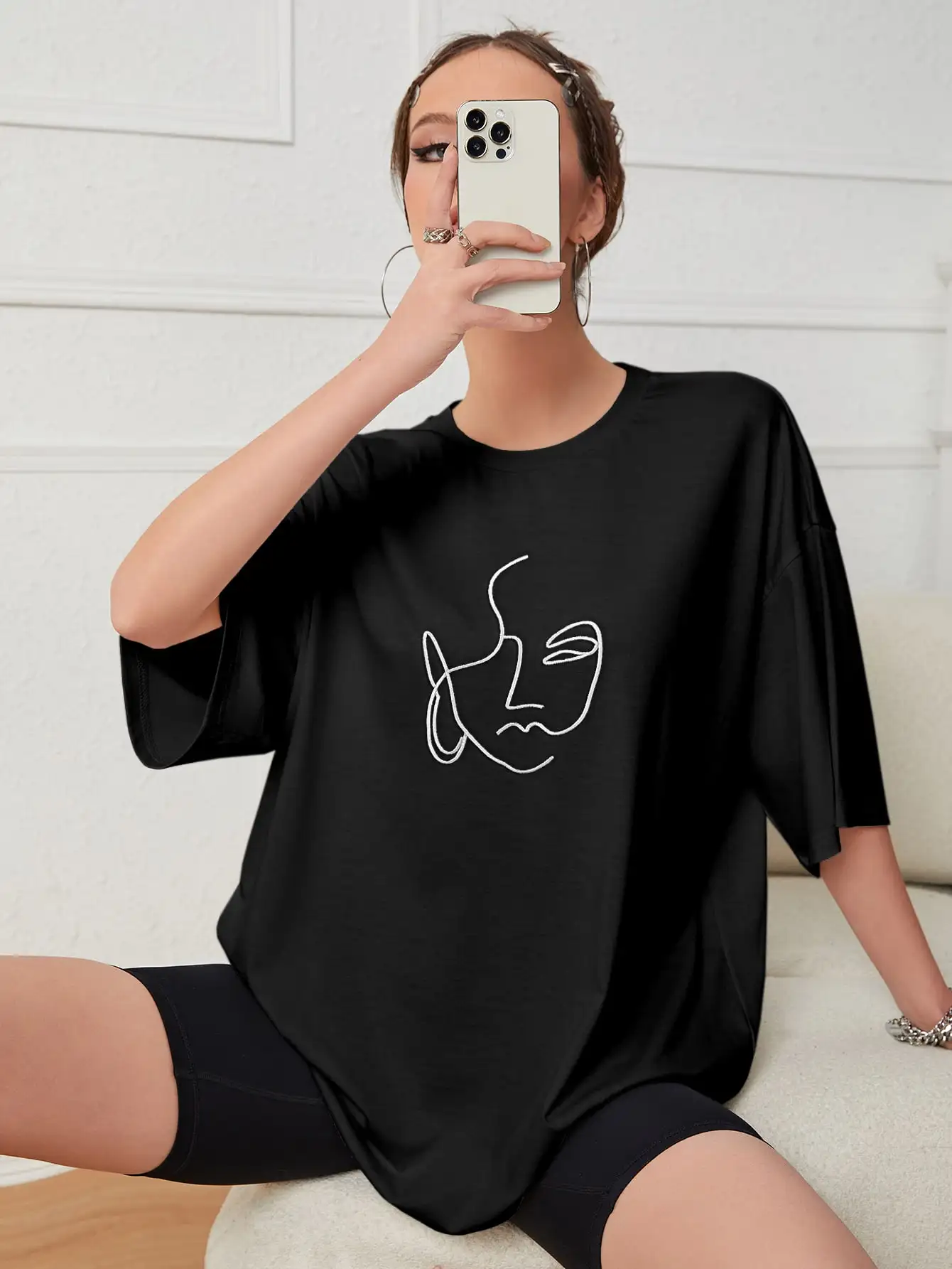 Хлопковые женские футболки с принтом Hunman Face, нишевая одежда с круглым вырезом, хипстерские футболки, необычные футболки