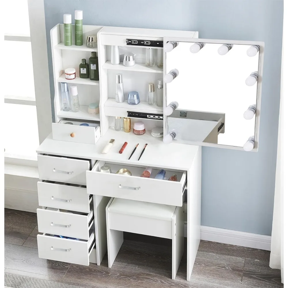 

Vanity Desk with LED Lighted Mirror, Makeup Dressing Table with Drawers & Cabinet,Storage Stool for Bedroom, White