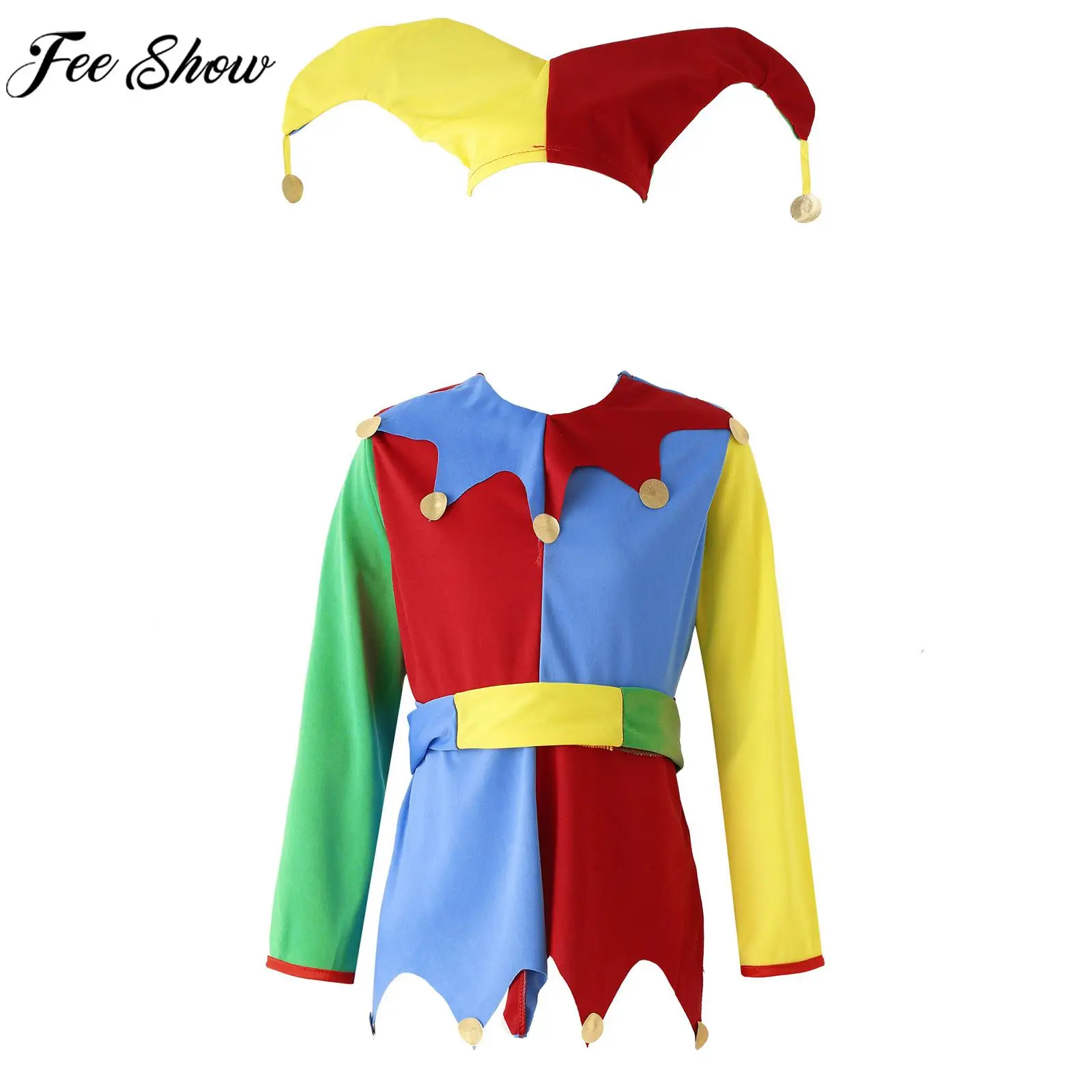 

Children Halloween Circus Clown Cospaly Performance Costume Dress Hat Waistband Pants Set for Carnival Theme Party Role Play