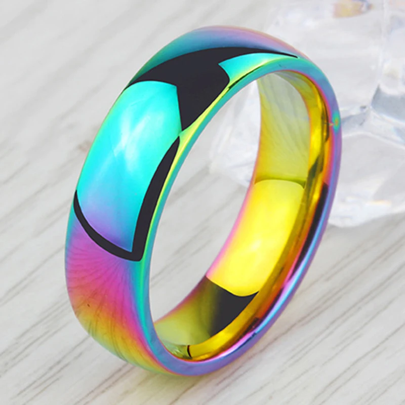 

Colorful Rainbow 316L Stainless Steel Fashion 6mm Glossy Face Couple Rings for Women Men Kids Cool Boy Classic Jewelry Wholesale