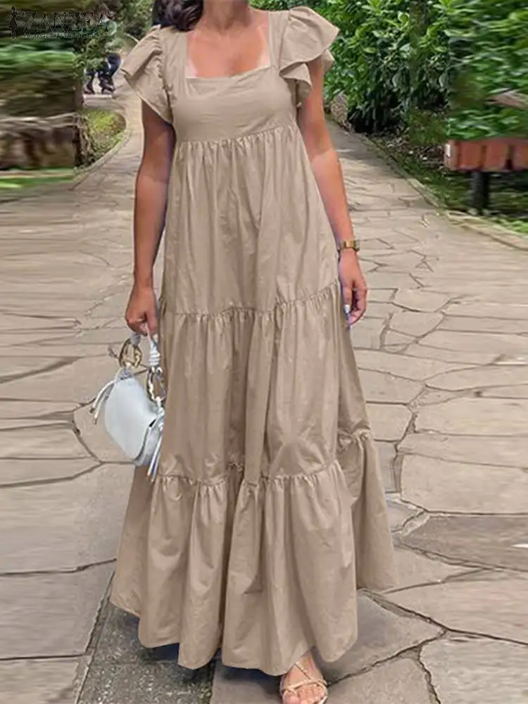 

ZANZEA Summer Fashion Holiday Beach Dress Female Solid Casual Robe Woman Ruffles Hem Sundress Short Sleeve Square Collar Dresses