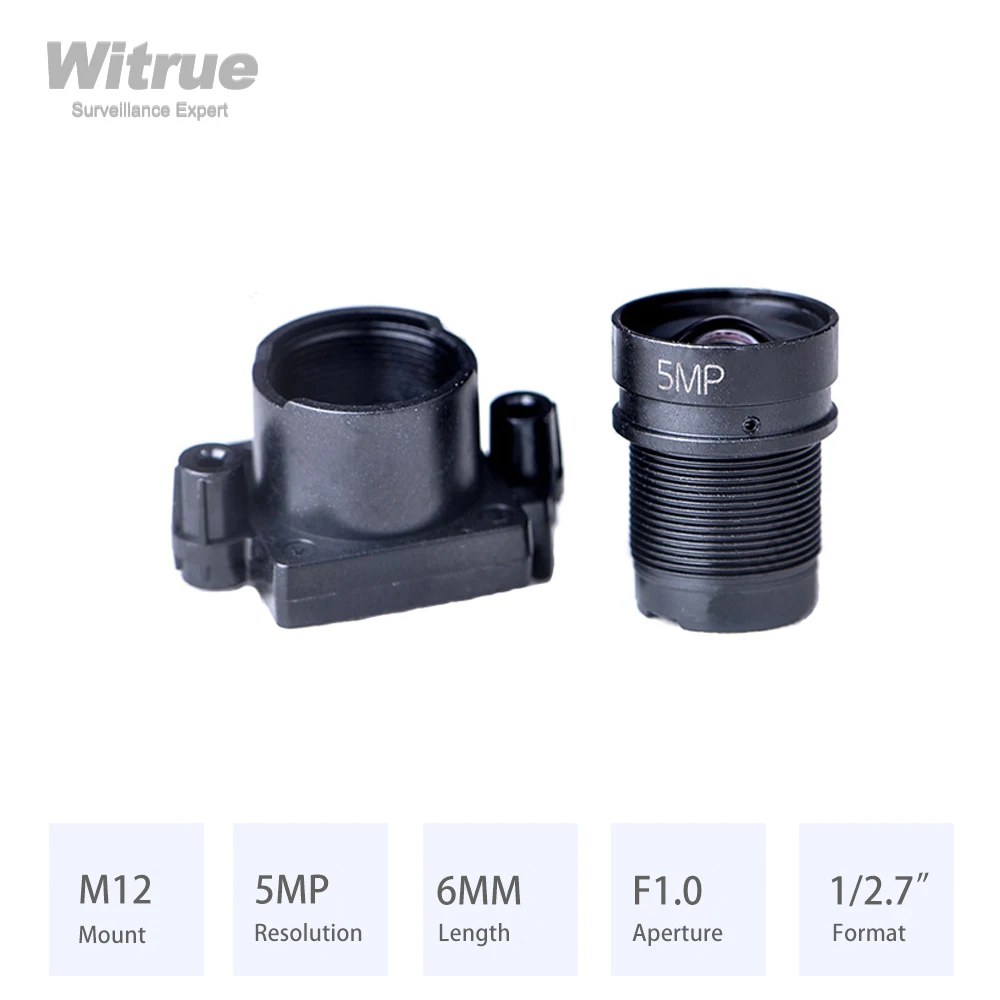 Camera Lens Witrue Starlight Lens M12 * P0.5 Mount HD 5MP 6MM Aperture F1.0 Format 1/2.7" for Surveillance Security CCTV Cameras