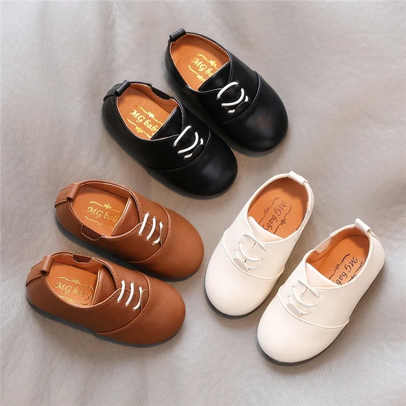 New Spring Children Casual Shoes White Dress Shoes Girls Boys Soft Bottom Black Brown Kids Leather Kid Slip On E02133