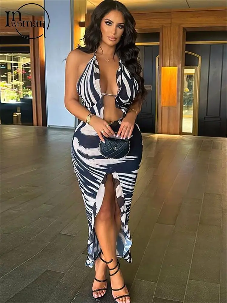 

Inwoman Black Sexy Hollow Out Long Dress Party Evening For Women 2023 Fall Sleeveless Halter Maxi Dress Vacation Backless Dress