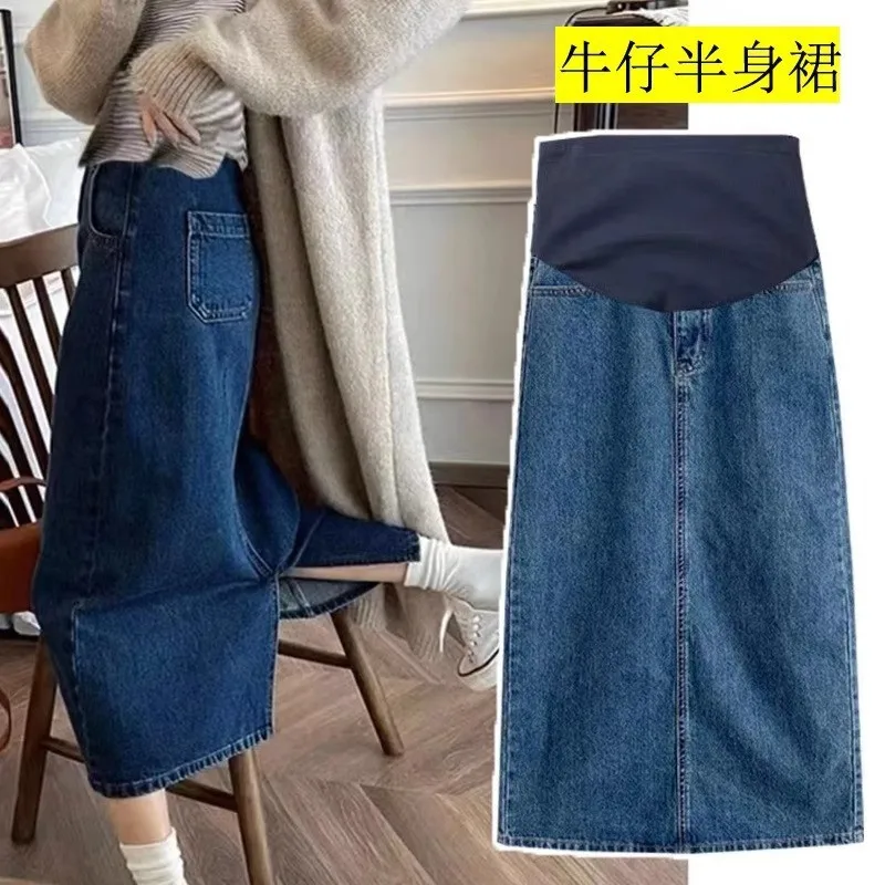 Maternity Denim Skirts High Waist Back Split A-Line Ankle-length