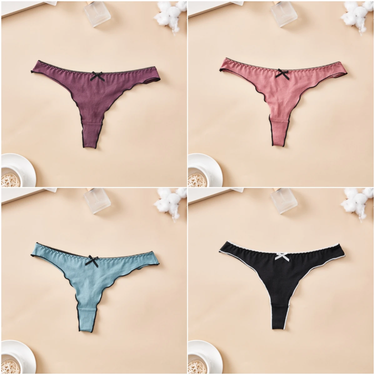 4pcs women's cotton solid color thong sexy comfortable women's underwear daily breathable T-back knitted bow cute girl low-waist