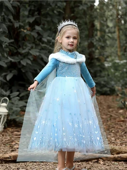 Girls' Spring 2025 New Velvet Elsa Frozen Princess Dress Kids Blue Cape 2 Piece Set Warm Dresses For Girl Party 3-9 Years Old ﻿ 1