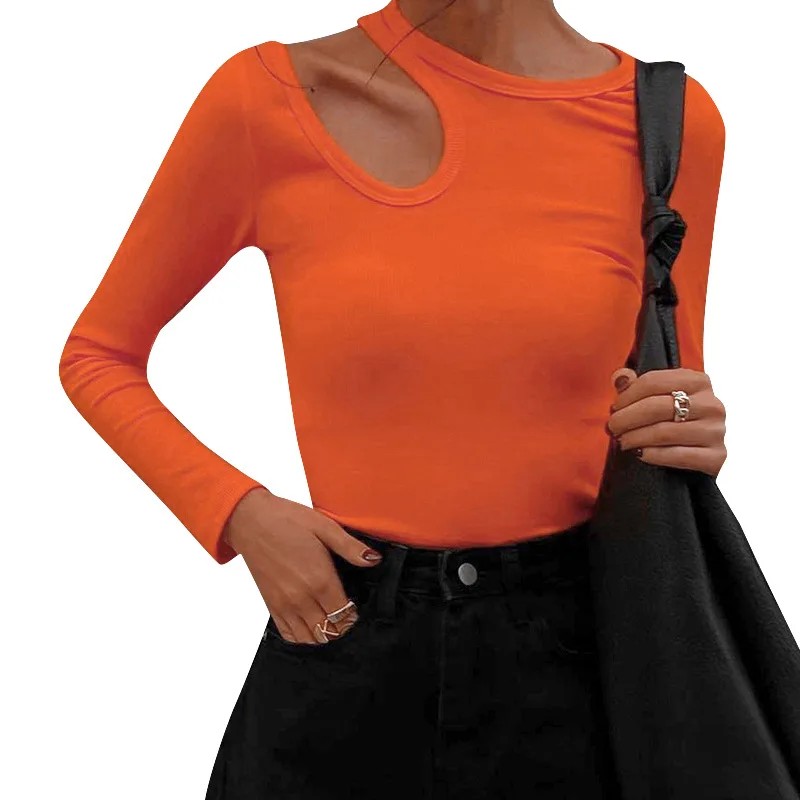 Sexy Aushöhlen Frauen T Shirt Casual Rundhals Langarm Dünne Cropped Tops 2022 Herbst Solide Elegante Grundlegende Tees – Detail 10