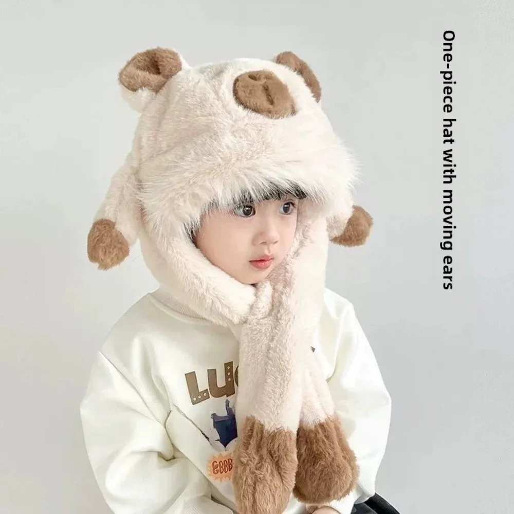 Windproof Kids Ear Protection Hat Movable Ears Soft Plush Hat Scarf Set Thickened Integrated Children's Pullover Cap Boys/girls