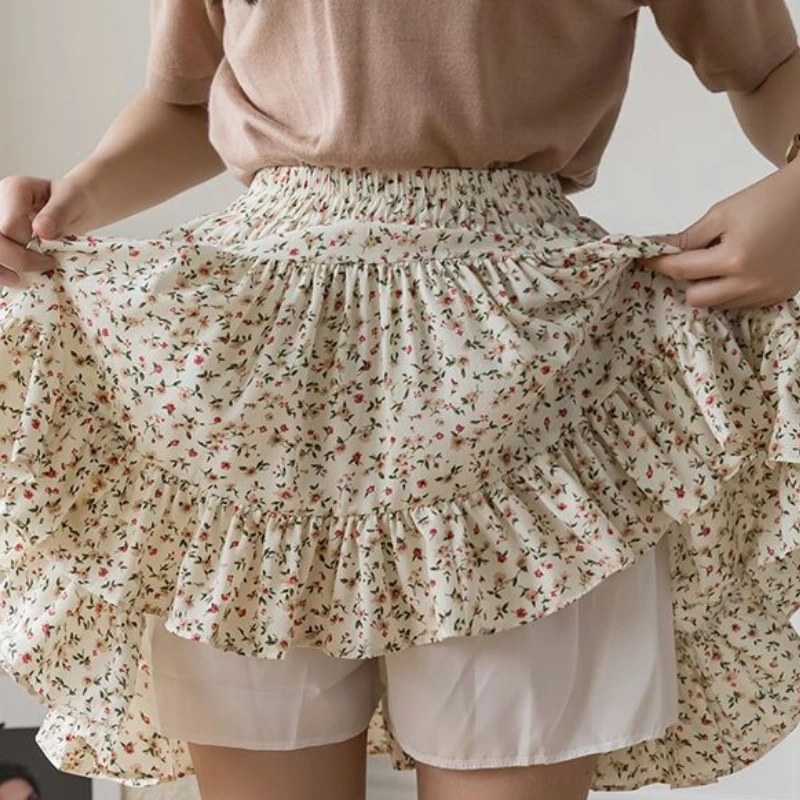 Skirts Women Vintage Floral Summer New Korean Style Ruffles